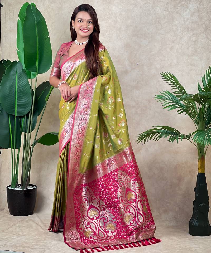 Mahendi color banarasi silk fabric woven jari meenakari jaal designer ethnic partywear saree