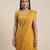 Mustard yellow crepe pre draped saree set