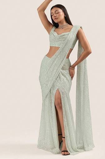 Mint green embroidered georgette pre draped saree set