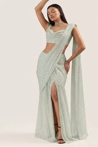 Mint green embroidered georgette pre draped saree set