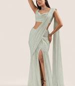 Mint green embroidered georgette pre draped saree set