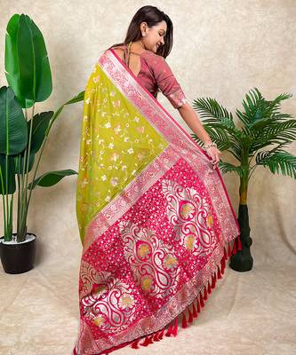 Mahendi faux banarasi silk blend woven zari meenakari jaal ethnic partywear saree 2