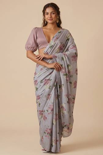 Grey printed georgette pre draped saree set