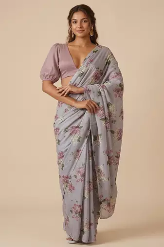 Grey printed georgette pre draped saree set