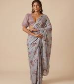 Grey printed georgette pre draped saree set