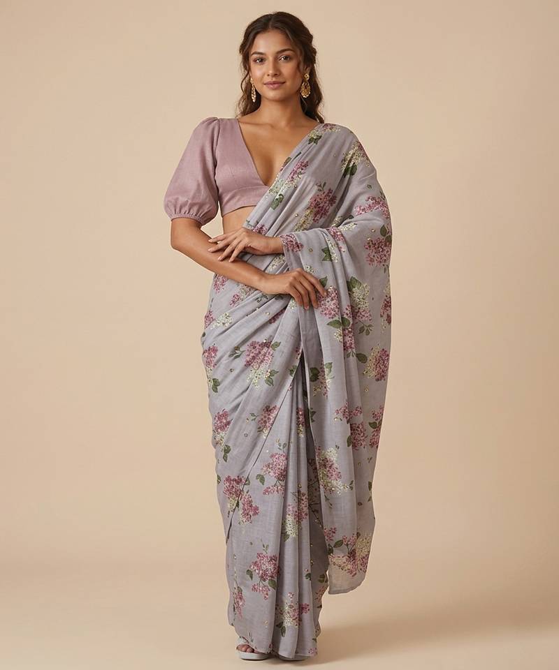 Grey printed georgette pre draped saree set