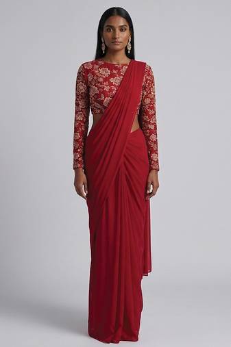 Red crepe pre draped saree set