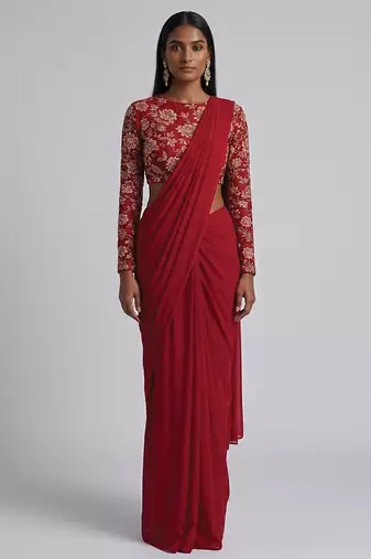 Red crepe pre draped saree set