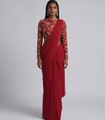 Red crepe pre draped saree set