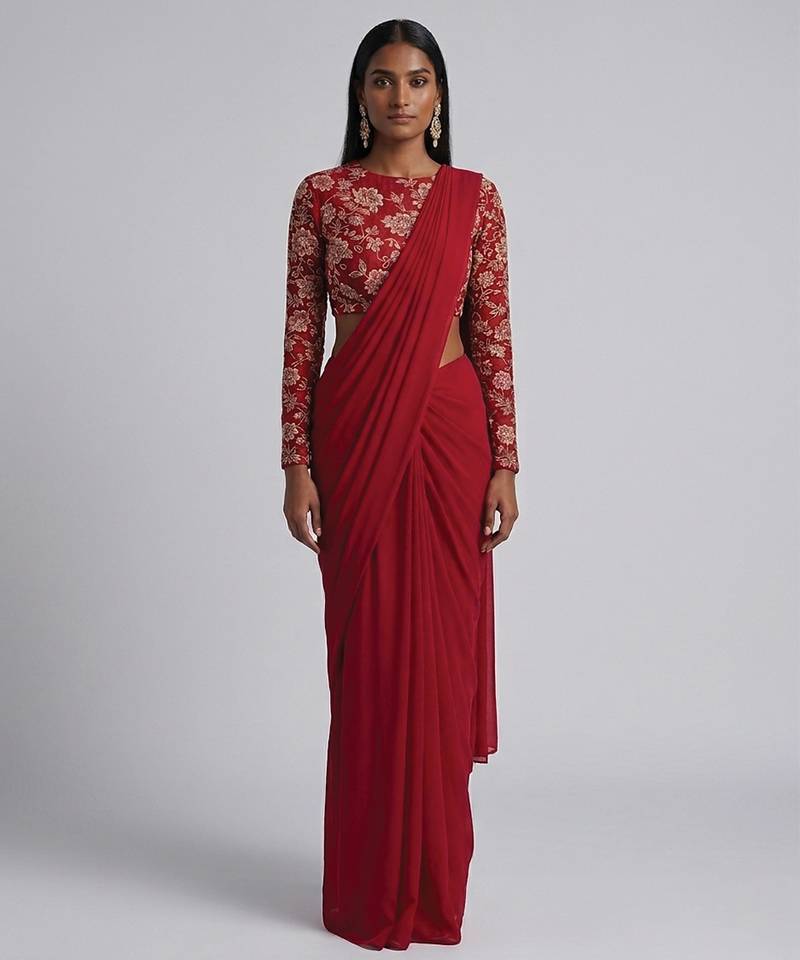 Red crepe pre draped saree set