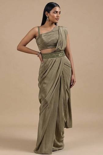 Olive green satin pre draped saree set