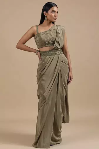 Olive green satin pre draped saree set