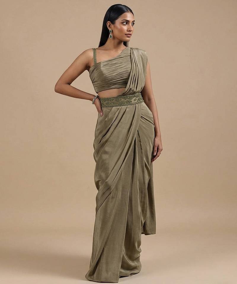 Olive green satin pre draped saree set