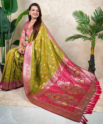 Mahendi faux banarasi silk blend woven zari meenakari jaal ethnic partywear saree 5
