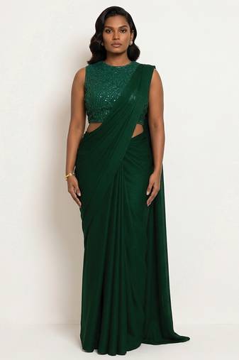 Emerald green georgette pre draped saree set