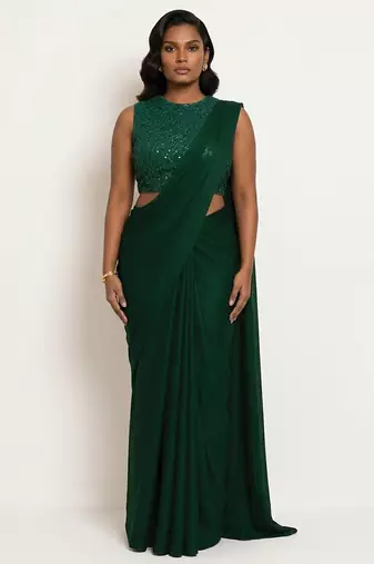 Emerald green georgette pre draped saree set