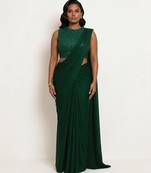 Emerald green georgette pre draped saree set