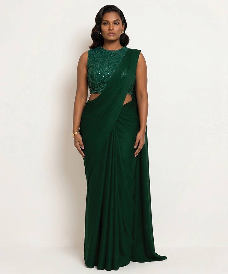 Emerald green georgette pre draped saree set