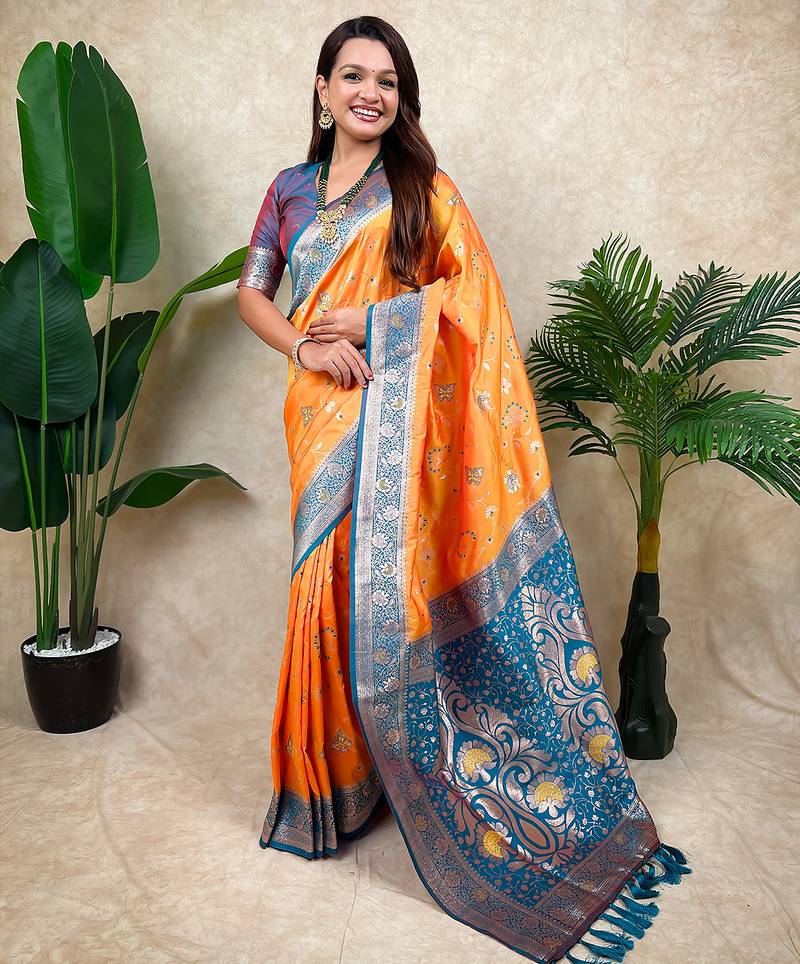 Orange color banarasi silk fabric woven jari meenakari jaal designer ethnic partywear saree