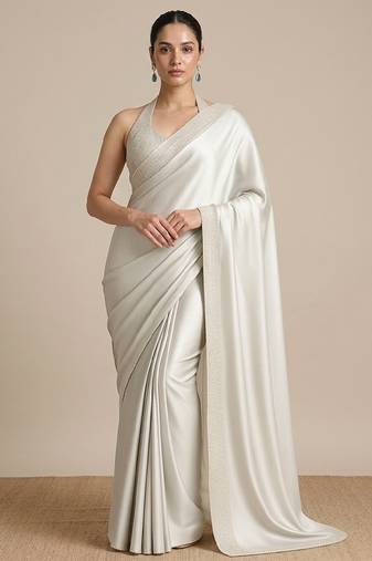 Ivory embroidered georgette pre draped saree set