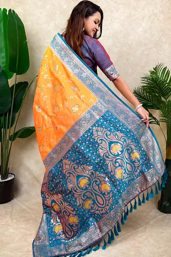 Orange faux banarasi silk blend woven zari meenakari jaal ethnic partywear saree