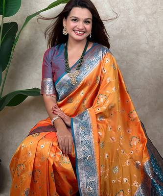 Orange faux banarasi silk blend woven zari meenakari jaal ethnic partywear saree 3