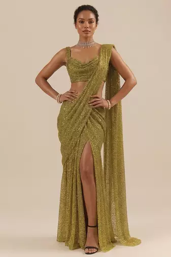Golden embroidered georgette pre draped saree set