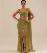 Golden embroidered georgette pre draped saree set