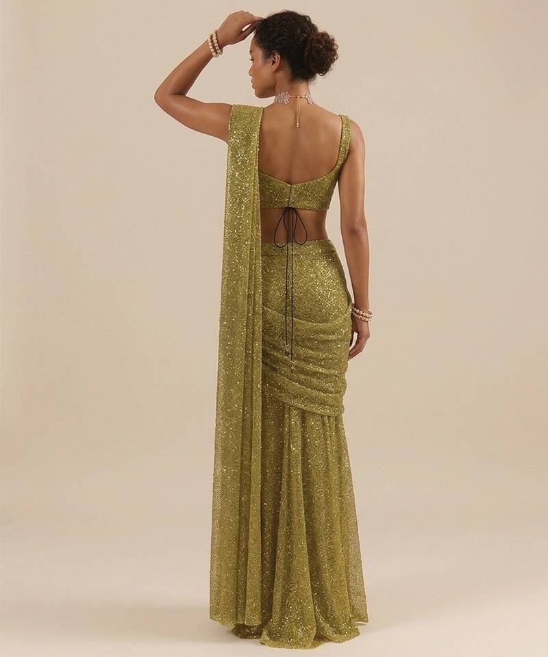 Golden embroidered georgette pre draped saree set