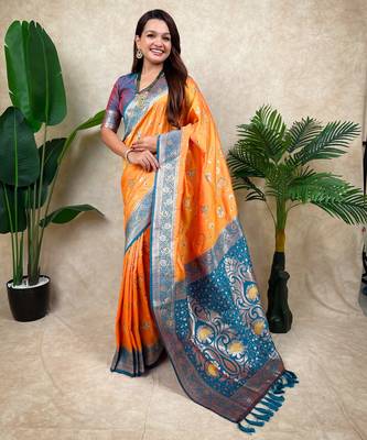 Orange faux banarasi silk blend woven zari meenakari jaal ethnic partywear saree 4