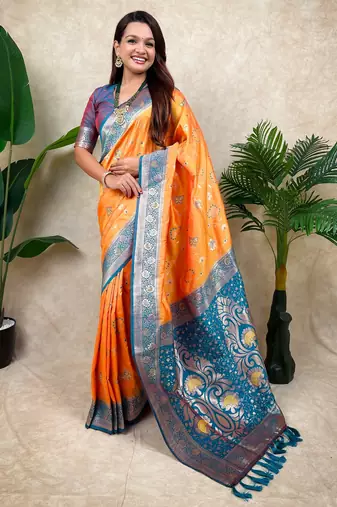 Orange faux banarasi silk blend woven zari meenakari jaal ethnic partywear saree