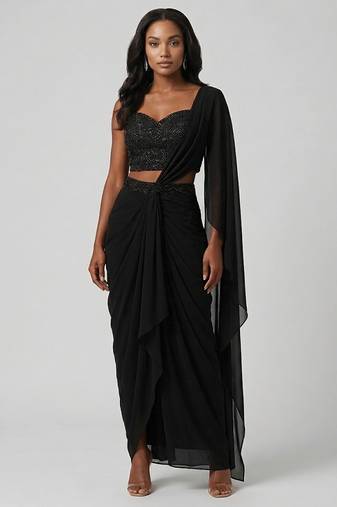 Black embroidered georgette pre draped saree set
