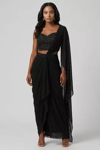 Black embroidered georgette pre draped saree set