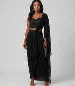 Black embroidered georgette pre draped saree set