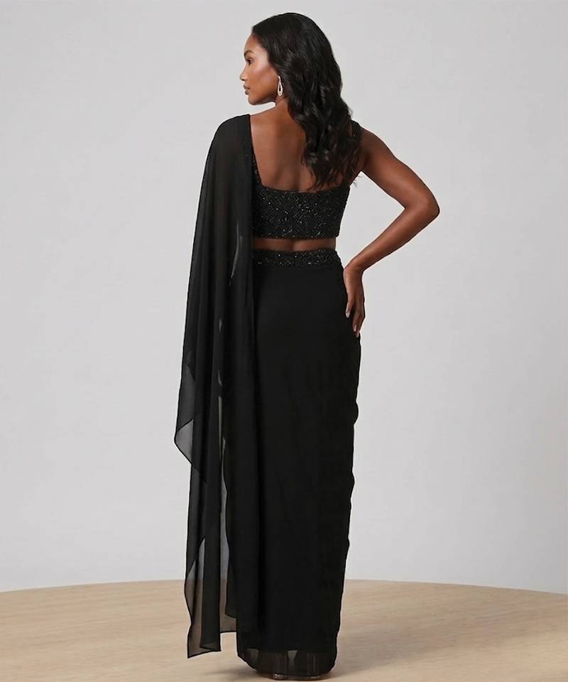 Black embroidered georgette pre draped saree set