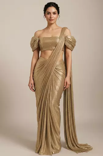 Golden foil printed knit pre draped saree set