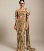 Golden foil printed knit pre draped saree set