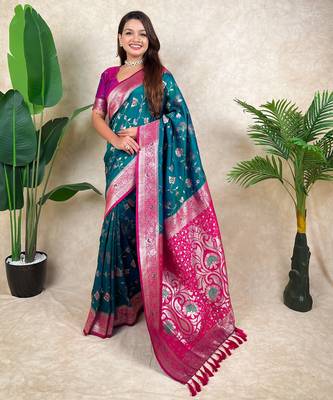 Rama faux banarasi silk blend woven zari meenakari jaal ethnic partywear saree 1