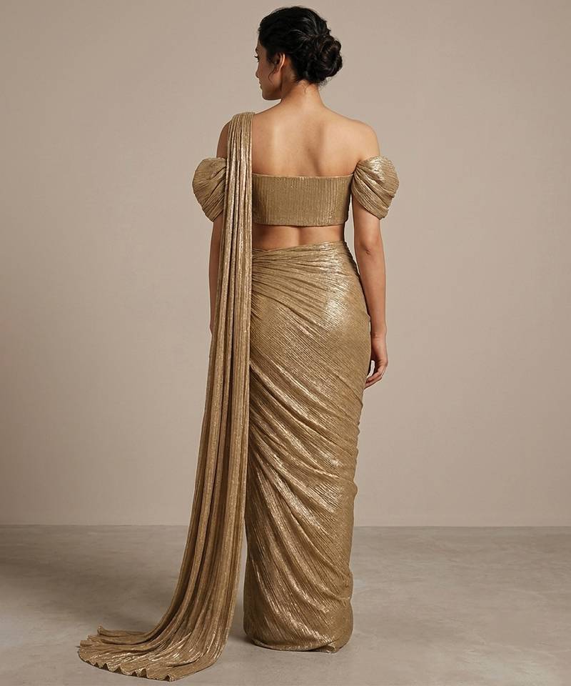 Golden foil printed knit pre draped saree set