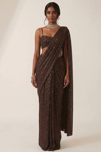 Dark brown embroidered lurex pre draped saree set