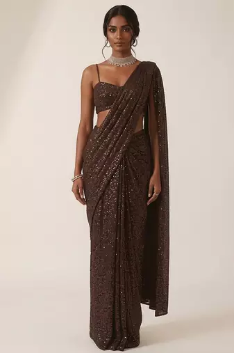 Dark brown embroidered lurex pre draped saree set