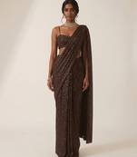 Dark brown embroidered lurex pre draped saree set