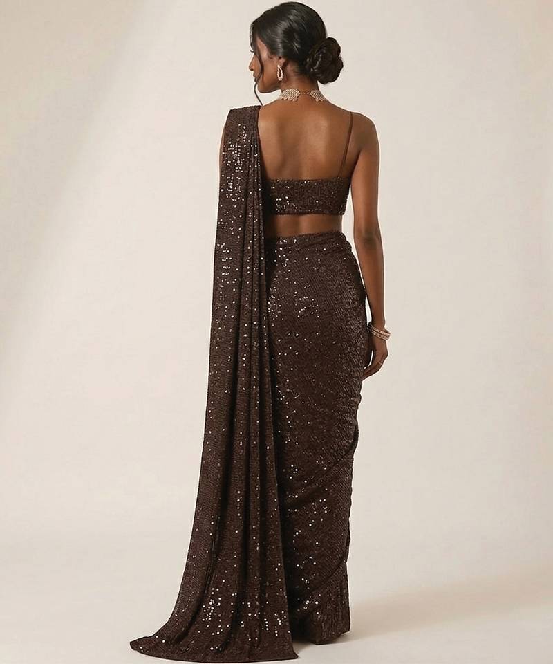 Dark brown embroidered lurex pre draped saree set