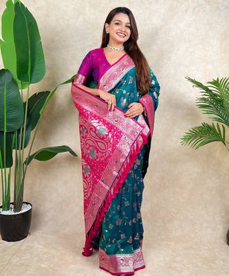 Rama faux banarasi silk blend woven zari meenakari jaal ethnic partywear saree 4