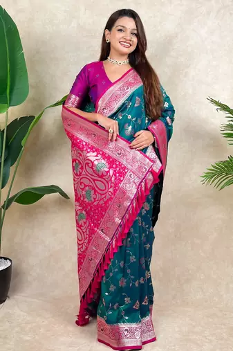Rama faux banarasi silk blend woven zari meenakari jaal ethnic partywear saree