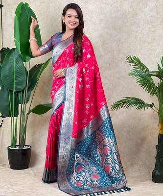 Pink faux banarasi silk blend woven zari meenakari jaal ethnic partywear saree 1