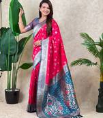 Pink faux banarasi silk fabric woven jari meenakari jaal designer ethnic partywear saree