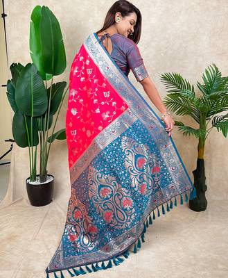 Pink faux banarasi silk blend woven zari meenakari jaal ethnic partywear saree 2