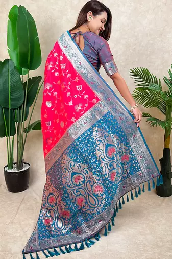 Pink faux banarasi silk blend woven zari meenakari jaal ethnic partywear saree