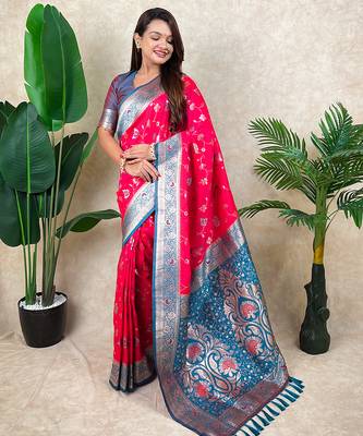 Pink faux banarasi silk blend woven zari meenakari jaal ethnic partywear saree 4